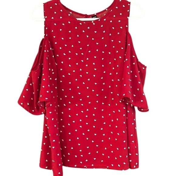 SHEIN LUNE Plus Heart Print Cold Shoulder Blouse - Picture 1 of 13